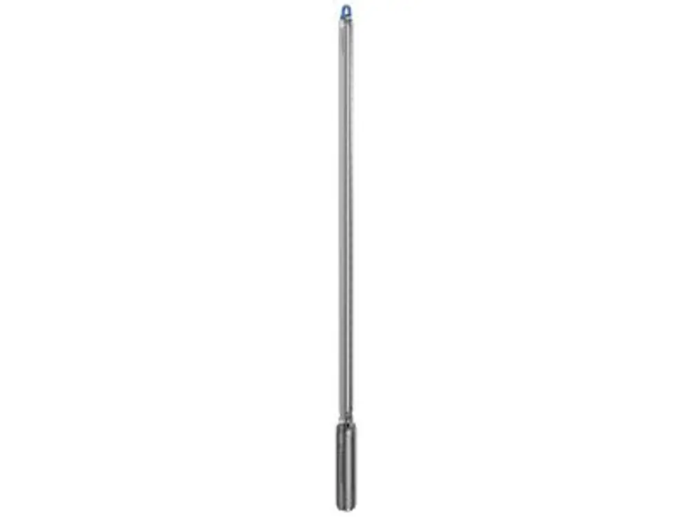 Langsame Pumpeneinheit mit grauem Gehäuse und blauer Spitze, geeignet für Unterwasseranwendungen, hergestellt von Grundfos.